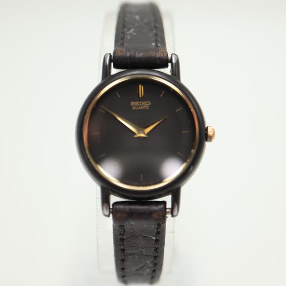 Vintage Seiko Black Gold Tone 24mm Womens Watch Leather 1N00-0H79 w New Battery main image 8